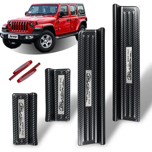 Rowa Door Sill Guards for Jeep 2018-2022 Wrangler JL JLU & 2020-2022  Gladiator JT, Carbon Fiber Pattern 304 Stainless Steel Door Entry Guard  Full Coverage for Door Sill Protector (Patent Des 