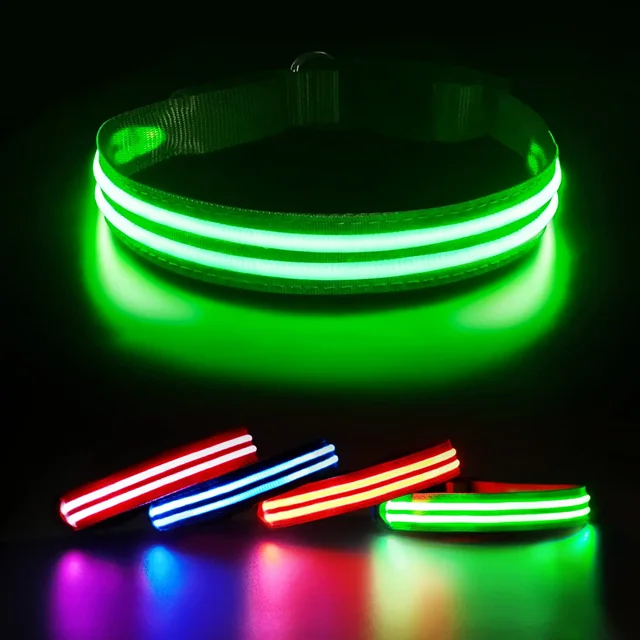 Collar para perros recargable con luz LED, collar de seguridad impermeable e intermitente con correa impermeable ajustable para perros pequeños/medianos/grandes, súper brillante, verde M