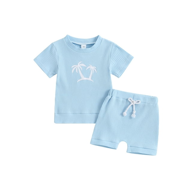 Kmbangi Ensemble d'Été 2 Pcs pour Bébé Fille Garçon Col Rond Manches Courtes Hauts en Maille Côtelée Shorts Taille Élastique 6M-3T