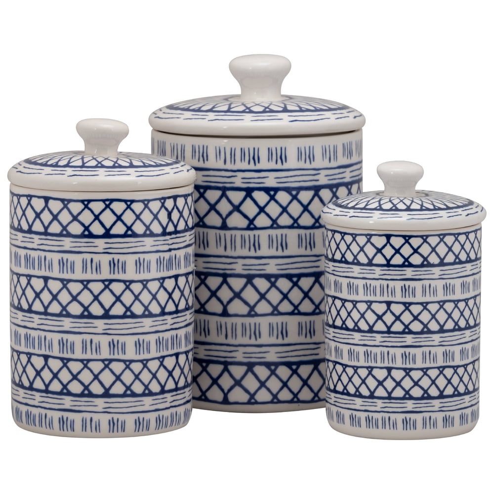 10 Strawberry Street Marina 3 Piece Porcelain Canister Set, White/Blue