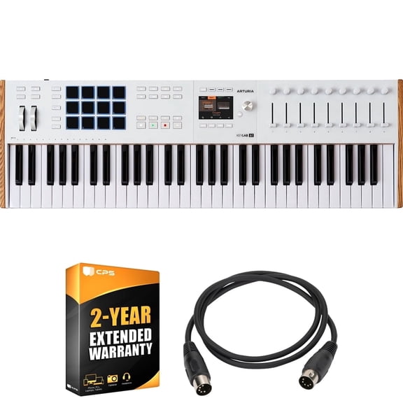 Arturia KeyLab 61 Mk3 61-Key USB MIDI Controller Keyboard, White 231631 Bundle with 2 YR CPS Extended Warranty and OnStage MDC-5 5-Ft Male-to-Male MIDI Cable