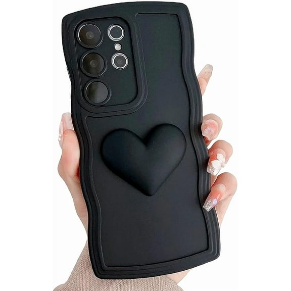 Compatible with Samsung Galaxy S23 Ultra Cute 3D Love Heart Phone Case,Solid Color Curly Wave Frame S23 Ultra Case Women Soft Shockproof Bumper Cover (Black, Samsung Galaxy S23 Ultra)