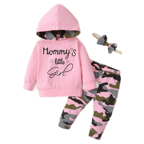 NZRVAWS Newborn Baby Girls Outfits Long Sleeve Letter Print Hoodie Top  Elastic Camouflage Print Pants Headband 3Pcs Clothes Set 6-9 Months,Pink