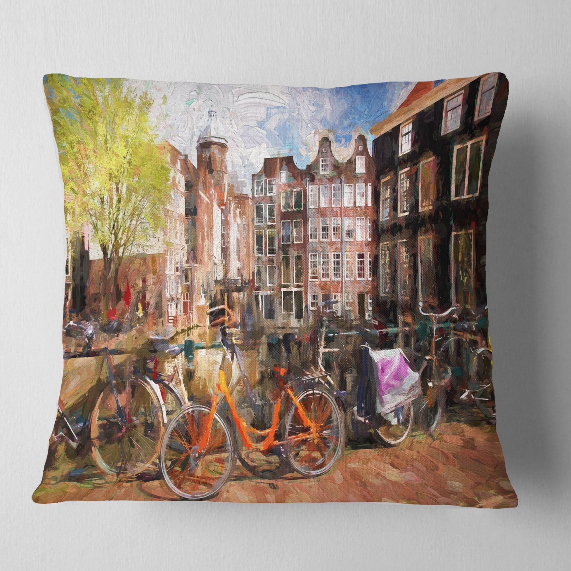 Designart Amsterdam City Artwork - Landscape Printed Throw Pillow - 18x18