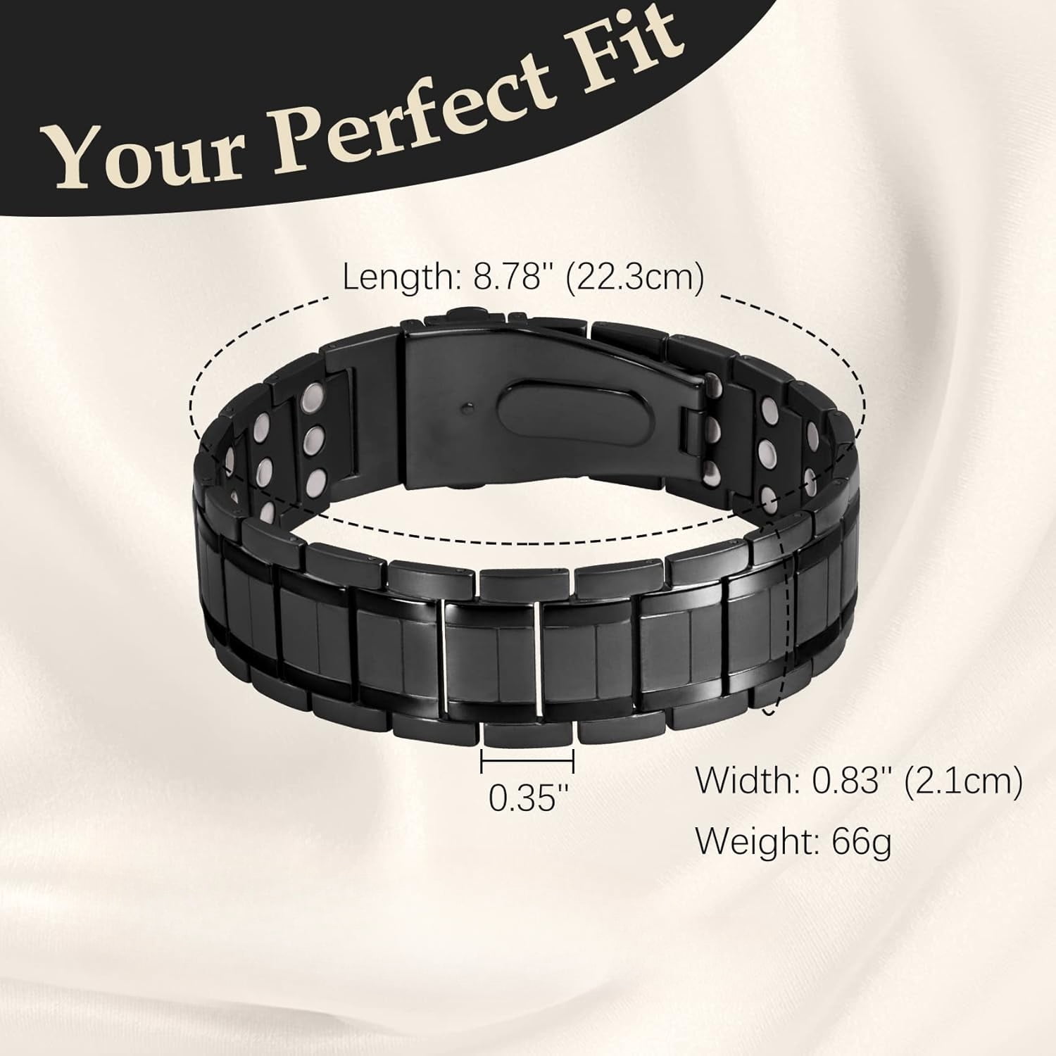 Wollet 3X Pure Titanium Magnetic Bracelets for Men with Folding Clasp (Black)