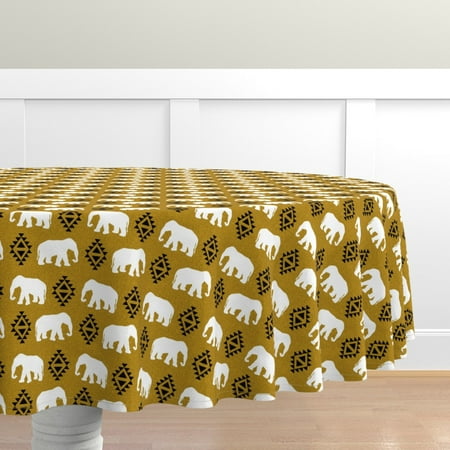 

Cotton Sateen Tablecloth 90 Round - Elephant Golden Tribal Elephants Nursery Animal Print Gold Boho Mustard Print Custom Table Linens by Spoonflower