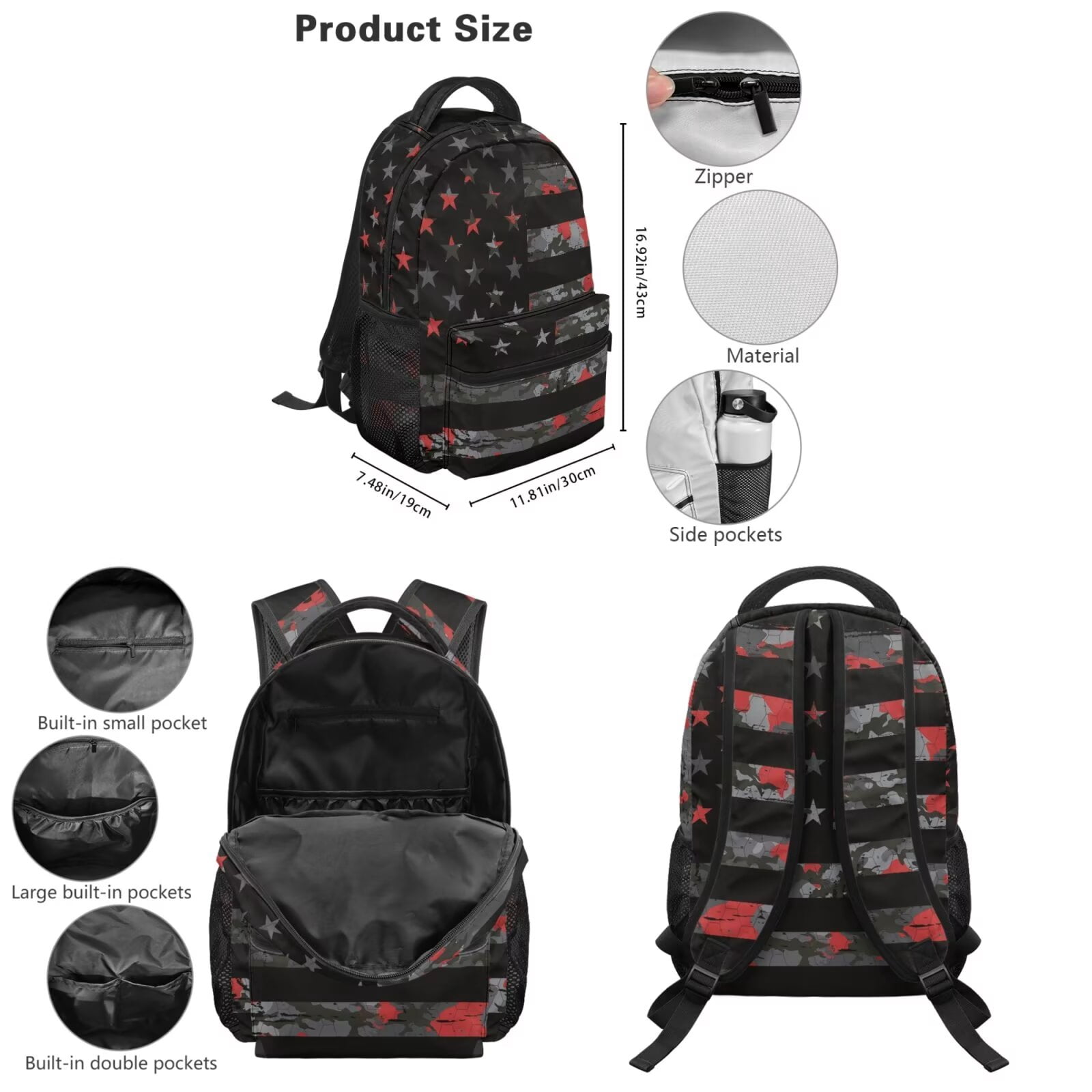 Pzuqiu Camo US Flag Kids School Bags Set of 5 Backpack for Boys Travel Bag with Adjustable Shoulder Strap Bookbag with Lunchbox Pencil Case Water Bottle Bag