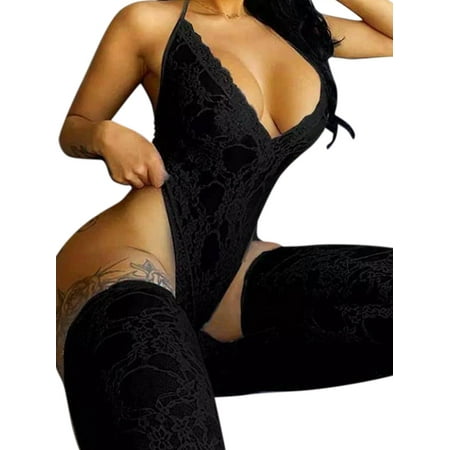 

SpringTTC Valentine s Day Womens Lace Sleeveless Stretchy One Piece Halter Bodysuit Babydoll Lingerie with Stockings