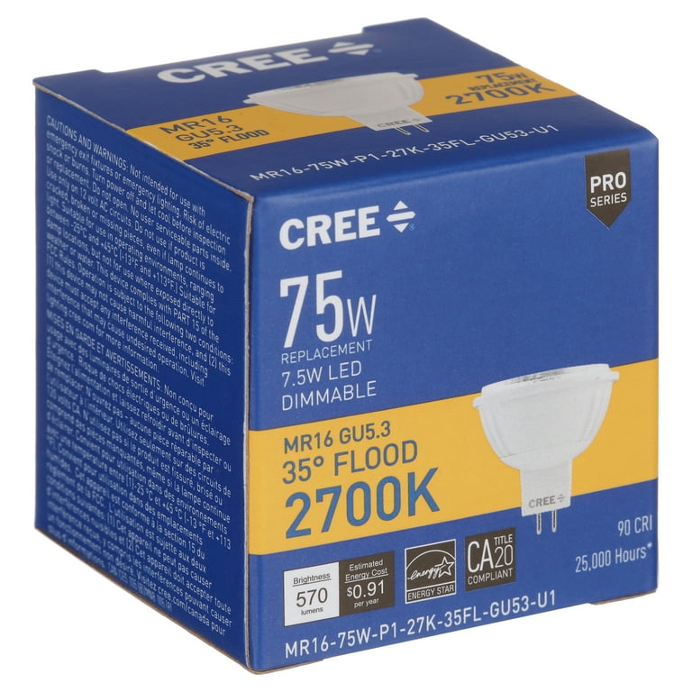 Cree Lighting Pro Series MR16 GU5.3 75W Equivalent LED Bulb, 35 Degree  Flood, 570 lumens, Dimmable, Soft White 2700K, 25,000 hour rated life, 90+  CRI