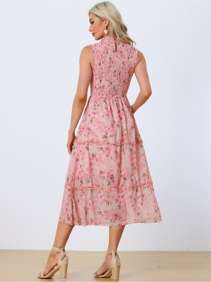 Unique Bargains Women's Ruffles Chiffon Sleeveless Floral Smocked Dresses L  Pink