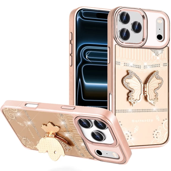 For Apple iPhone 17 Pro Glitter Butterfly Case with 3D Stand Sparkle Hybrid Metallic Edges Protective Phone Cover Slim Fit [Gold]