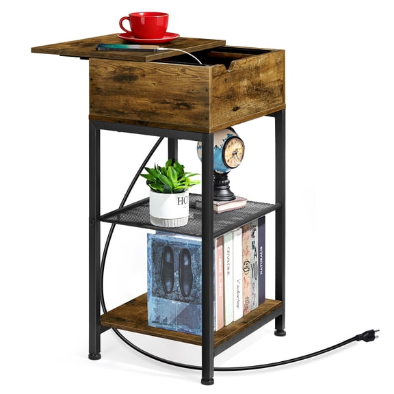 OYEAL Slide End Table with Charging Station, Rustic Brown Nightstand with USB Ports, Power Outlets & Storage Shelf for Bedroom and Living Room