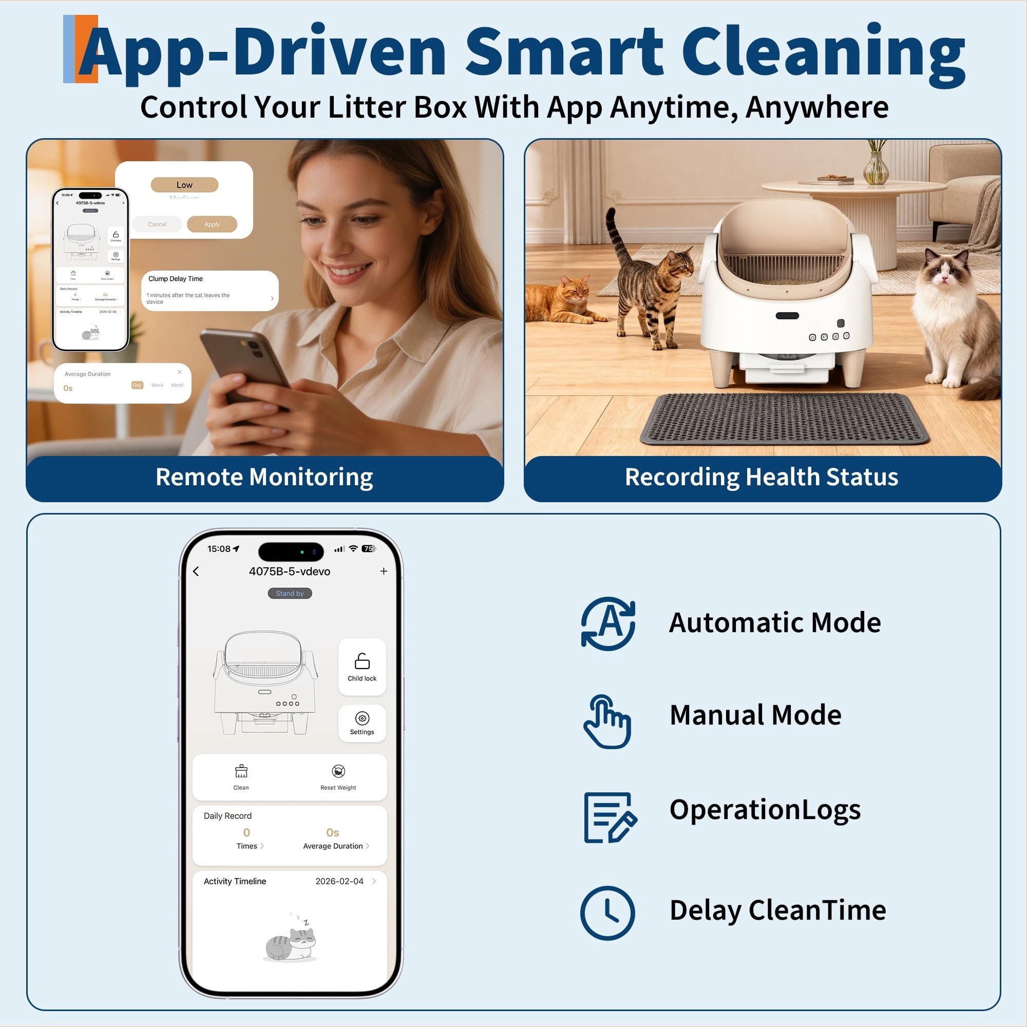 Babevy App Controlled Self-Cleaning Cat Litter Box, Automatic Odor-Control Toilet with Large Waste Bin & Open-Top for Multiple Cats