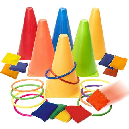 Kids Bean Bag Toss Game - Prextex 3 In 1 Carnival Combo Set Cornhole Bean Bags Ring Toss Game and Plastic Cone Set 26 Piece set