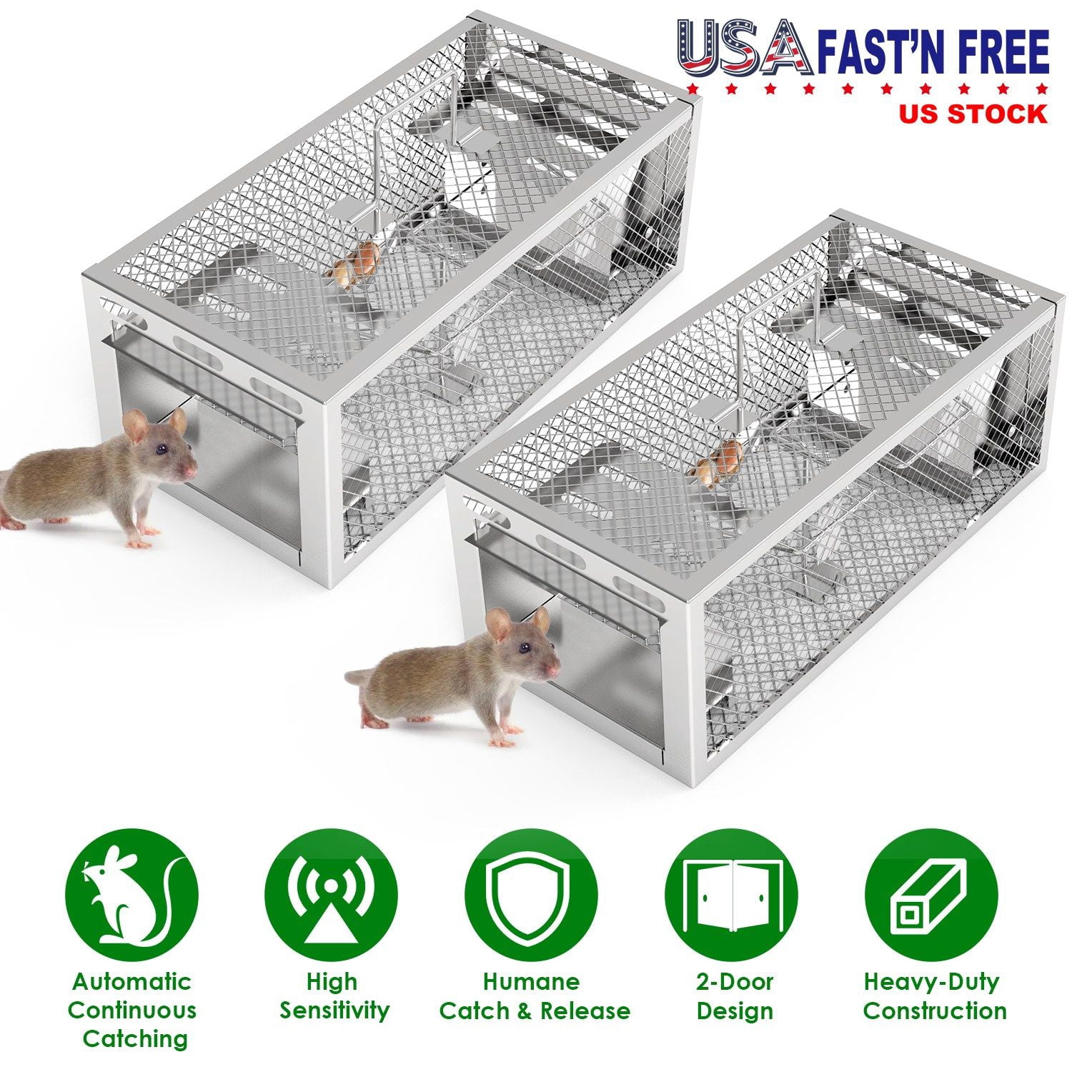 2 Pack 2-Door Humane Rat Trap Automatic Continuous Mouse Trap Reusable Galvanized Iron Live Animal Cage, 11.81x5.63x4.45in