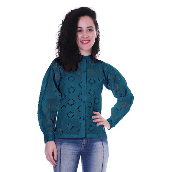 Moomaya Womens Button Down Top Solid Schiffli Cotton Full Sleeve Casual Summer Kurta Shirt