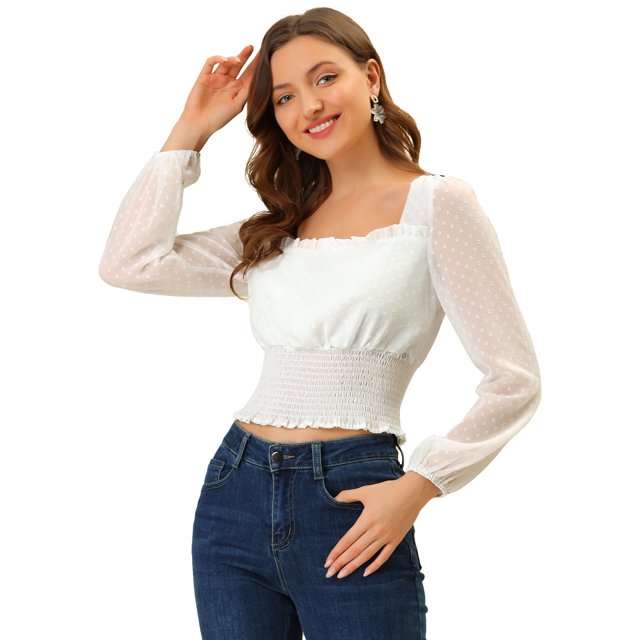 INSPIRE CHIC Women's Casual Ruffle Neck Swiss Dots Semi-sheer