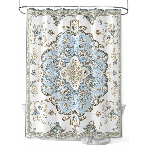 Fsddascl Blue Boho Shower Curtain Set - 48" x 72" Washable Bathtub Curtain with 12 Hooks, Luxury Ethnic Traditional Floral Pattern Waterproof Fabric Stall Shower Curtains for Bathroom/Bathtub Décor