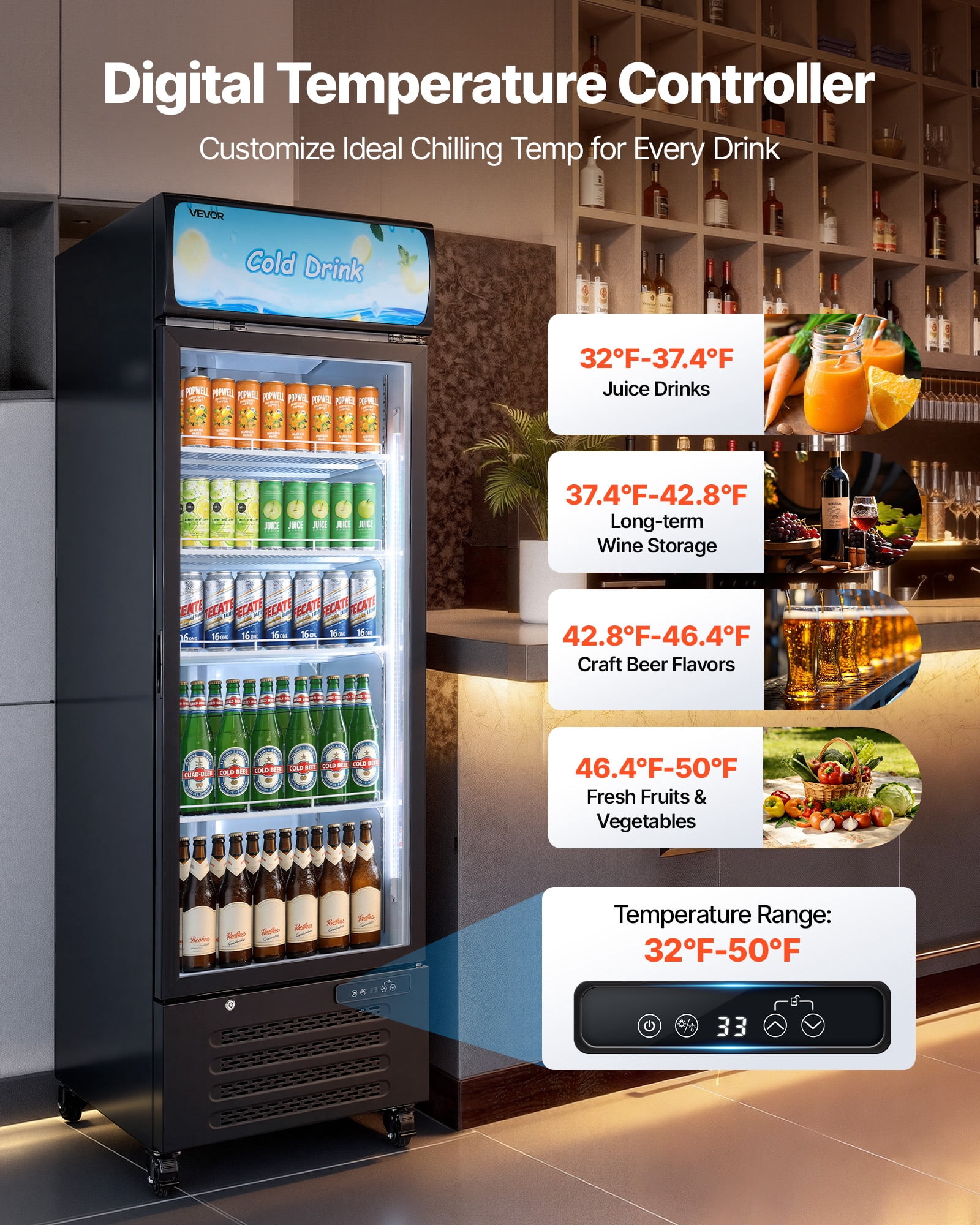 VEVOR Commercial Merchandiser Refrigerator, 15.9 Cu.Ft / 450 L Glass Door Display Refrigerator, Upright Beverage Cooler with Customizable Lightbox,4 Adjustable Shelves & Soft LED Light for Home Shops