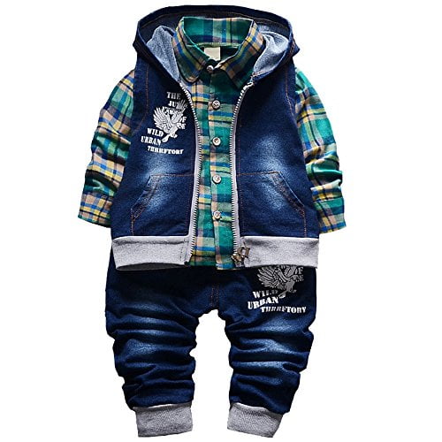 YAO Spring Autumn Baby Boys 3pcs Clothing Set Cotton Shirt Jeans Denim Vest (9-12months, Green)