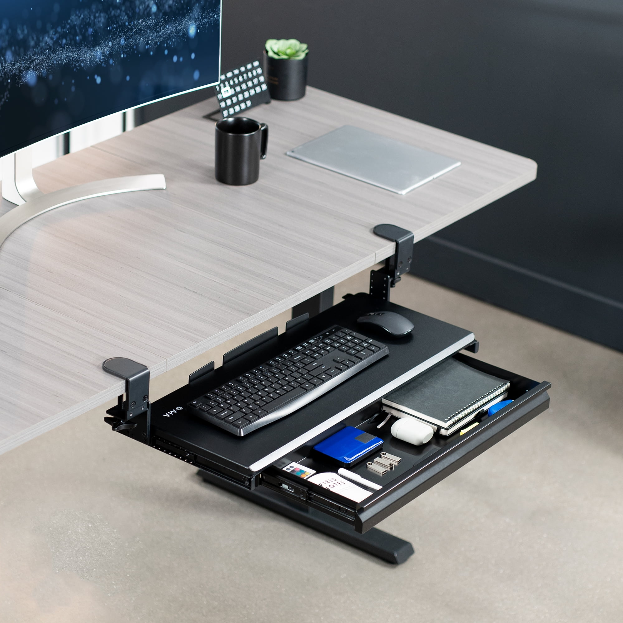 VIVO Height Adjustable Clamp-on Computer Keyboard Tray with Storage Drawer
