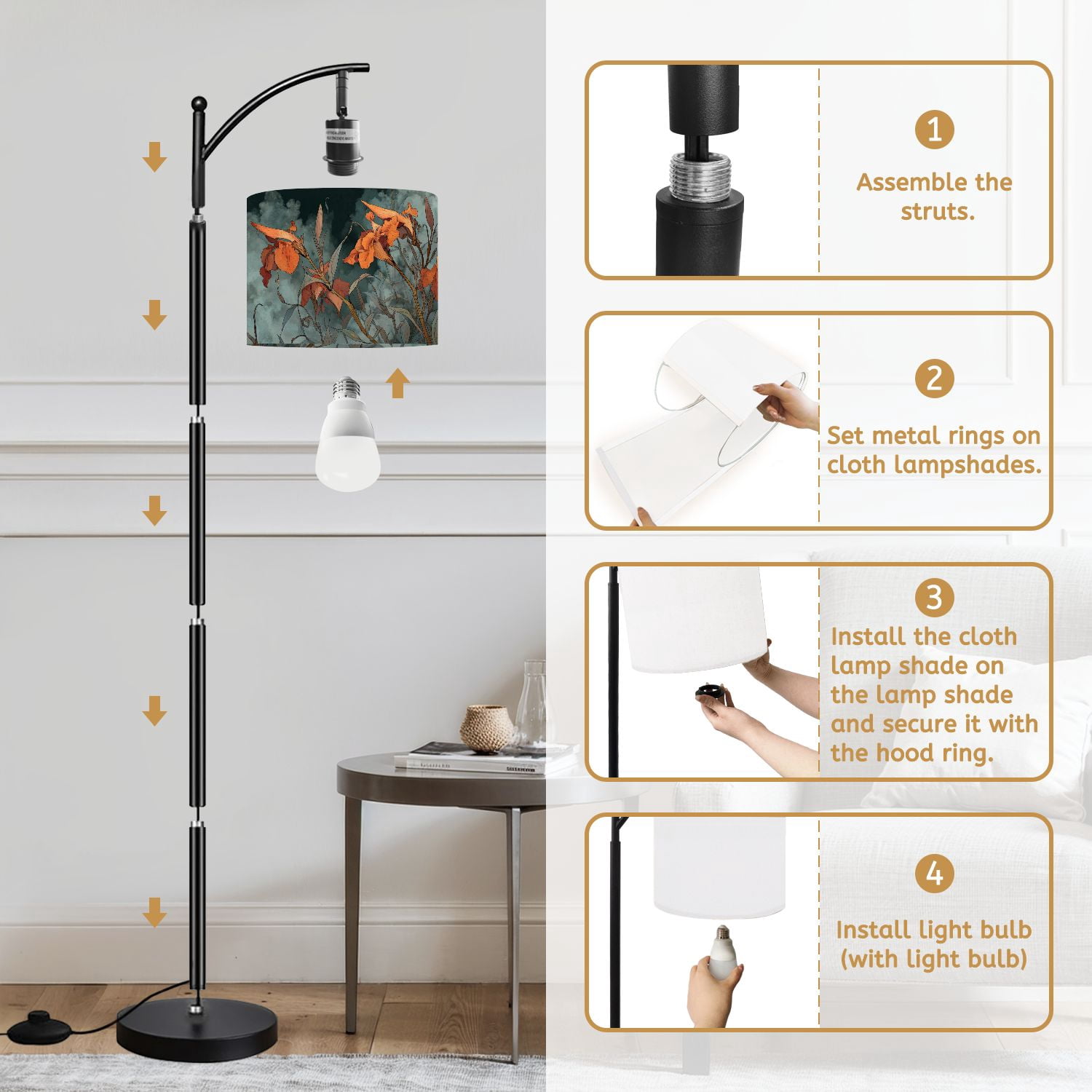 Arc Floor Lamp with Adjustable Lampshade Mystical Flower Cascading Blooms Curled Tendrils Standing Lamp 3 Color Temperatures Dimmable Tall Pole Lamp with Foot Switch for Bedroom