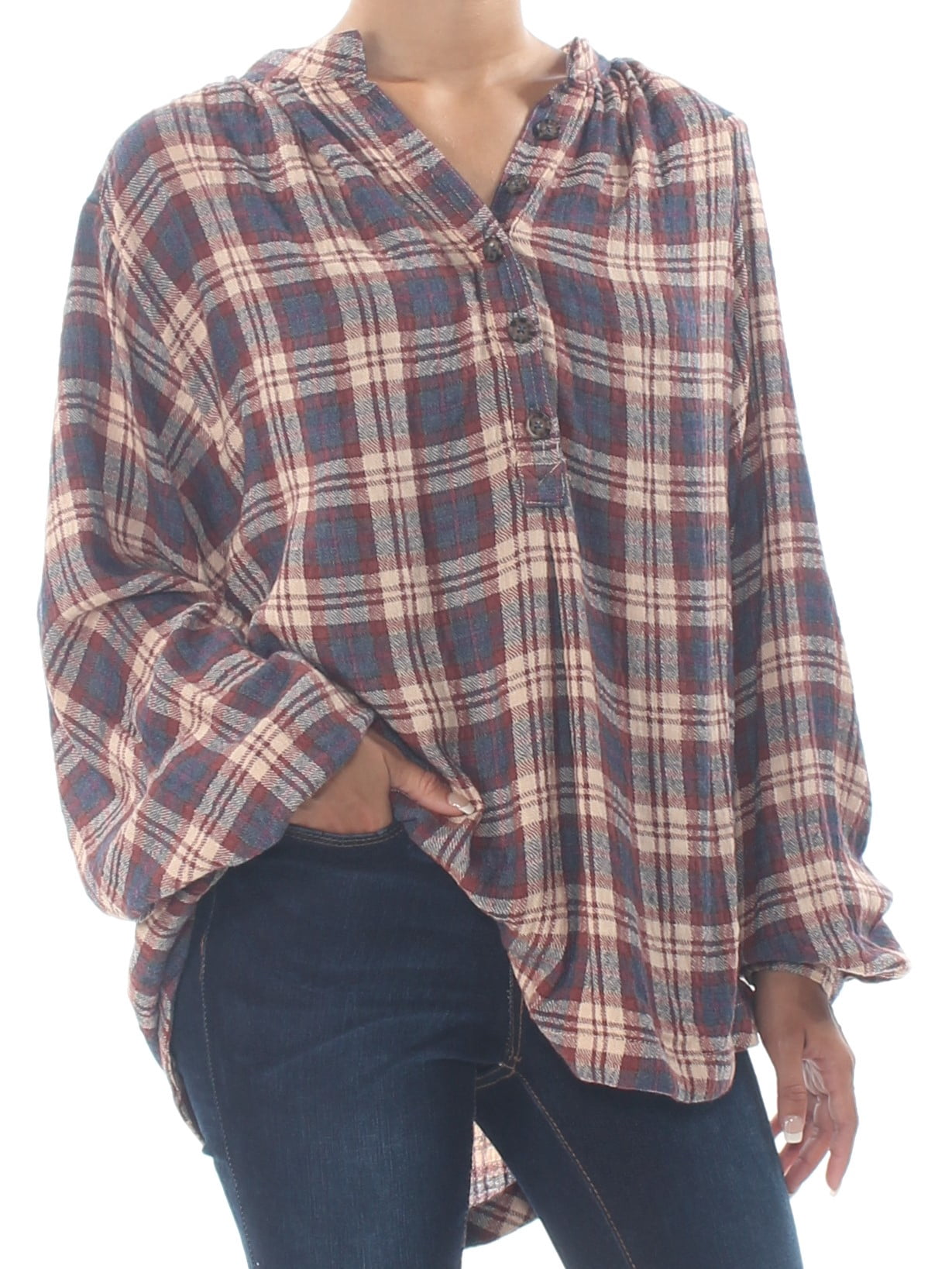 1099 Red Plaid Cuffed Button Up Casual 