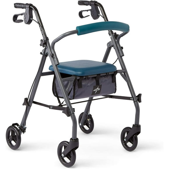 Andador con Asiento y Ruedas Plegable para Personas Mayores 350 libras Ruedas 6pulg Verde Azulado Medline M-854582E