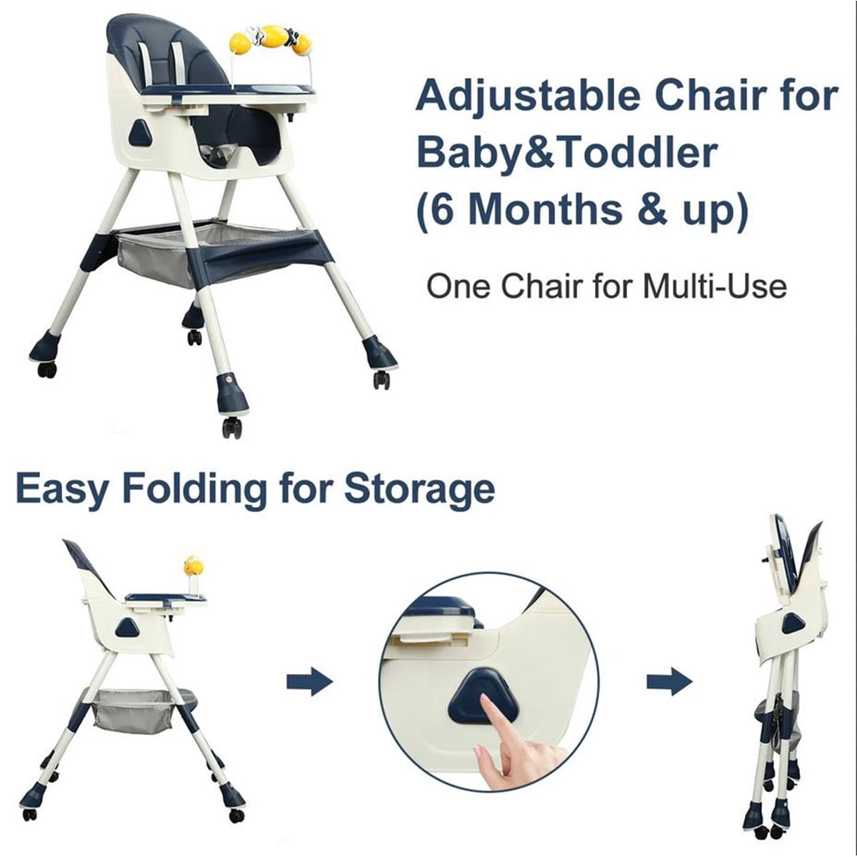 PUEDO 4-in-1 Baby High Chair Portable Toddler Dining Chairs Eat & Play Convertible Highchair with Adjustable Tray, Blue