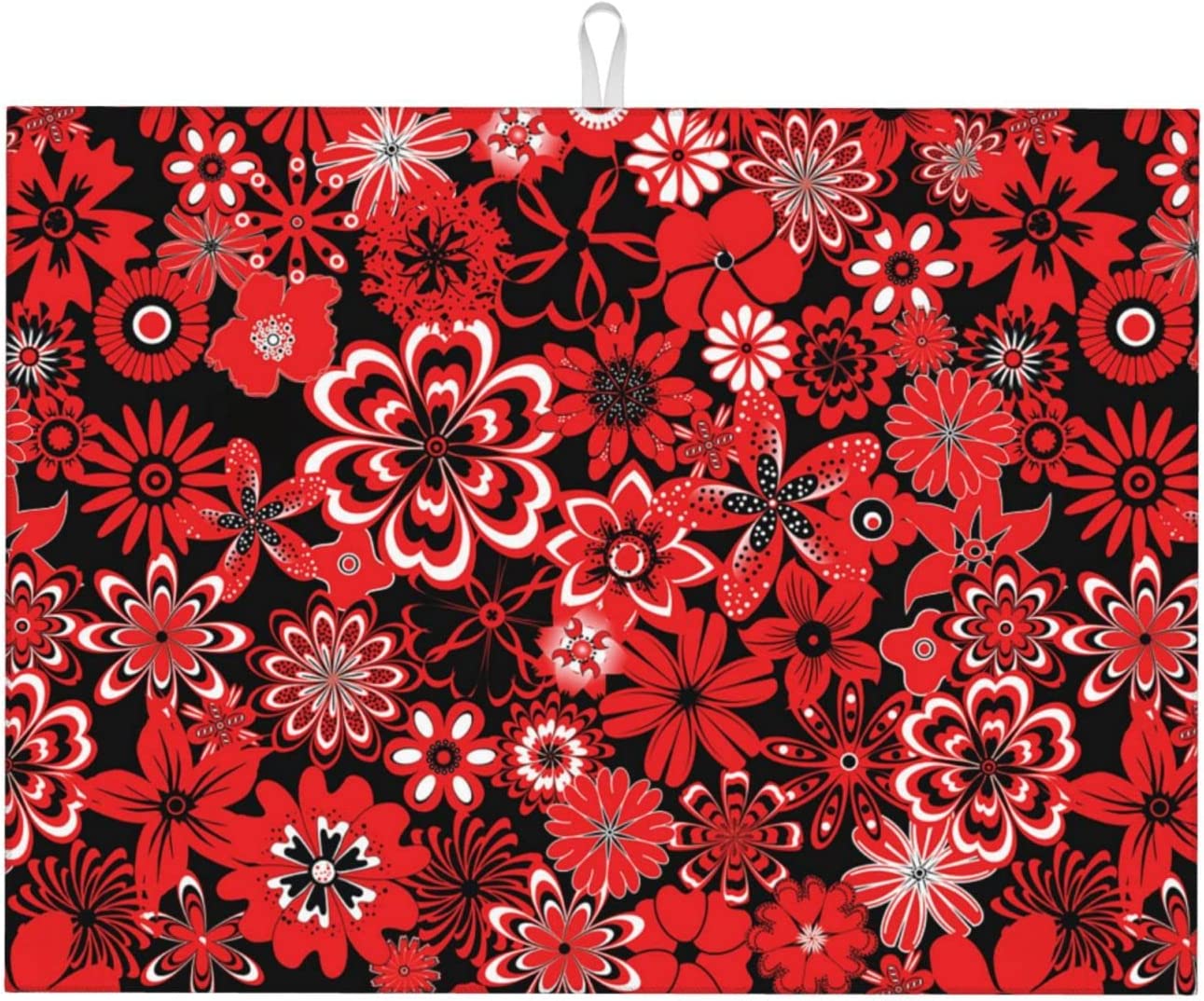 Red Flowers Dish Drying Mat For Kitchen Counter, Large Absorbent Dish