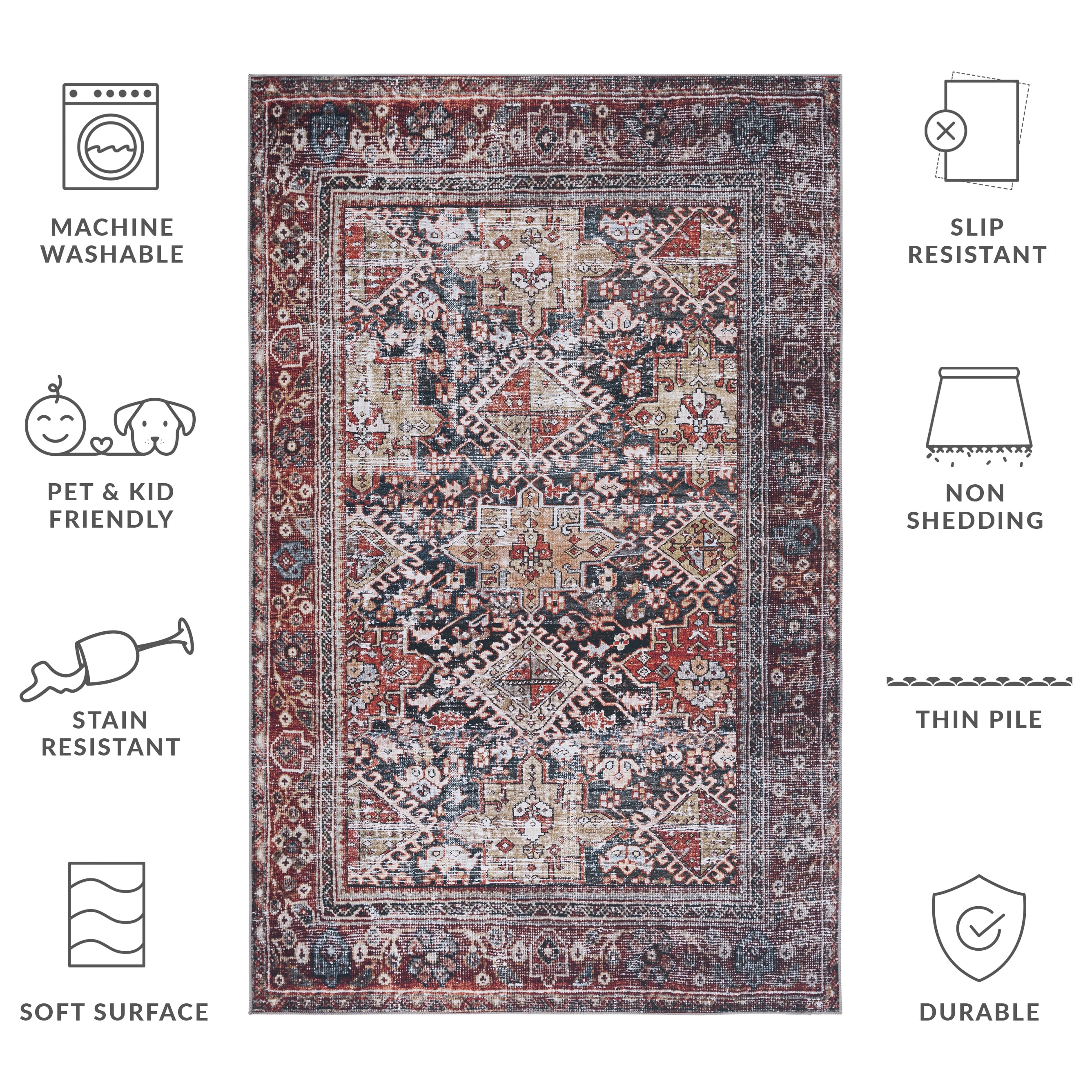 Safavieh Tucson Forrester Oriental Machine Washable Area Rug, Navy/Rust, 8' x 10'