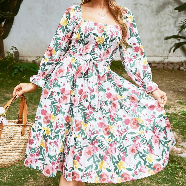 Women's Fall Square Neck Casual Dress Long Sleeve Smocked Women's Fall Square Neck Casual Dress Long Sleeve Smocked