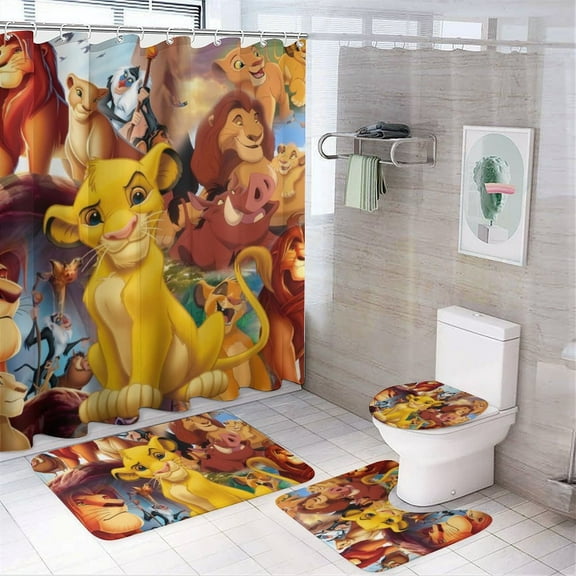 The Lion King 4 Piece Shower Curtain Set with Non-Slip Rugs, Toilet Lid Cover and Bath Mat, Cartoon Bathroom Decor Waterproof Shower Curtain with 12 Hooks, 72 x 72inch