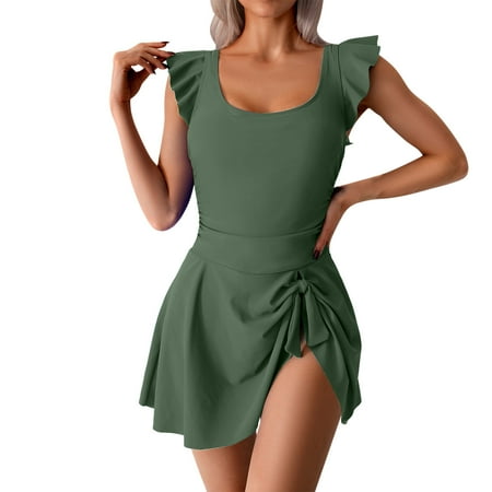 Hyknon Tankini Swimsuits for Women 2025 Summer Fashion Basic Solid Color Round Neck Cup Sleeve Bathing Suit Conservative Temperament Loose Fitting Two Piece Set Swimsuit with Boyshorts