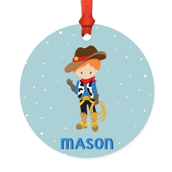 Koyal Wholesale Personalized  Metal Christmas Ornament, Western Rodeo Red Haired Boy with Brown Hat and Rope, 1-Pack