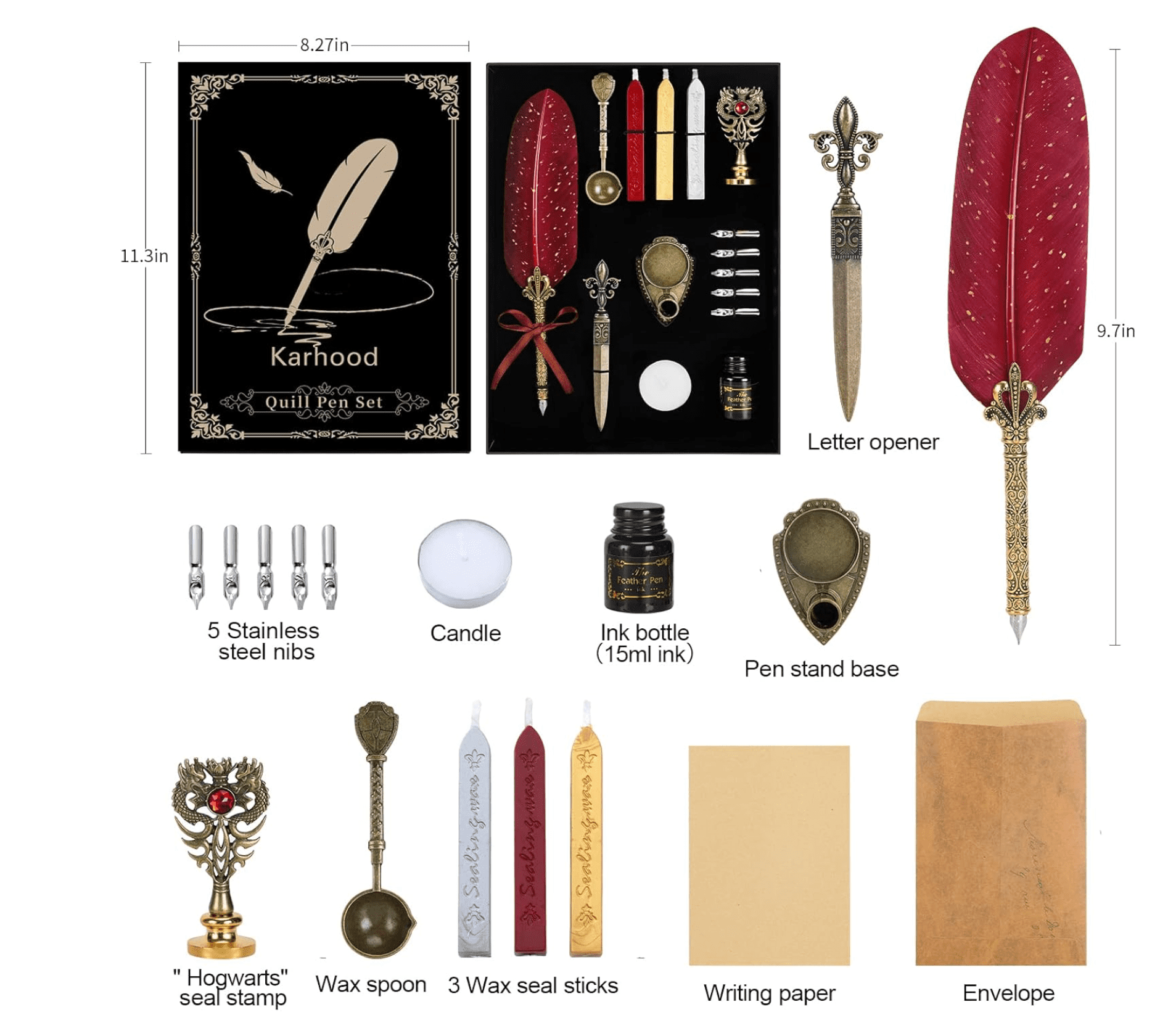 Karhood Quill Pen and Ink Feather Calligraphy Dip with Wax Seal Stamp Kit Red