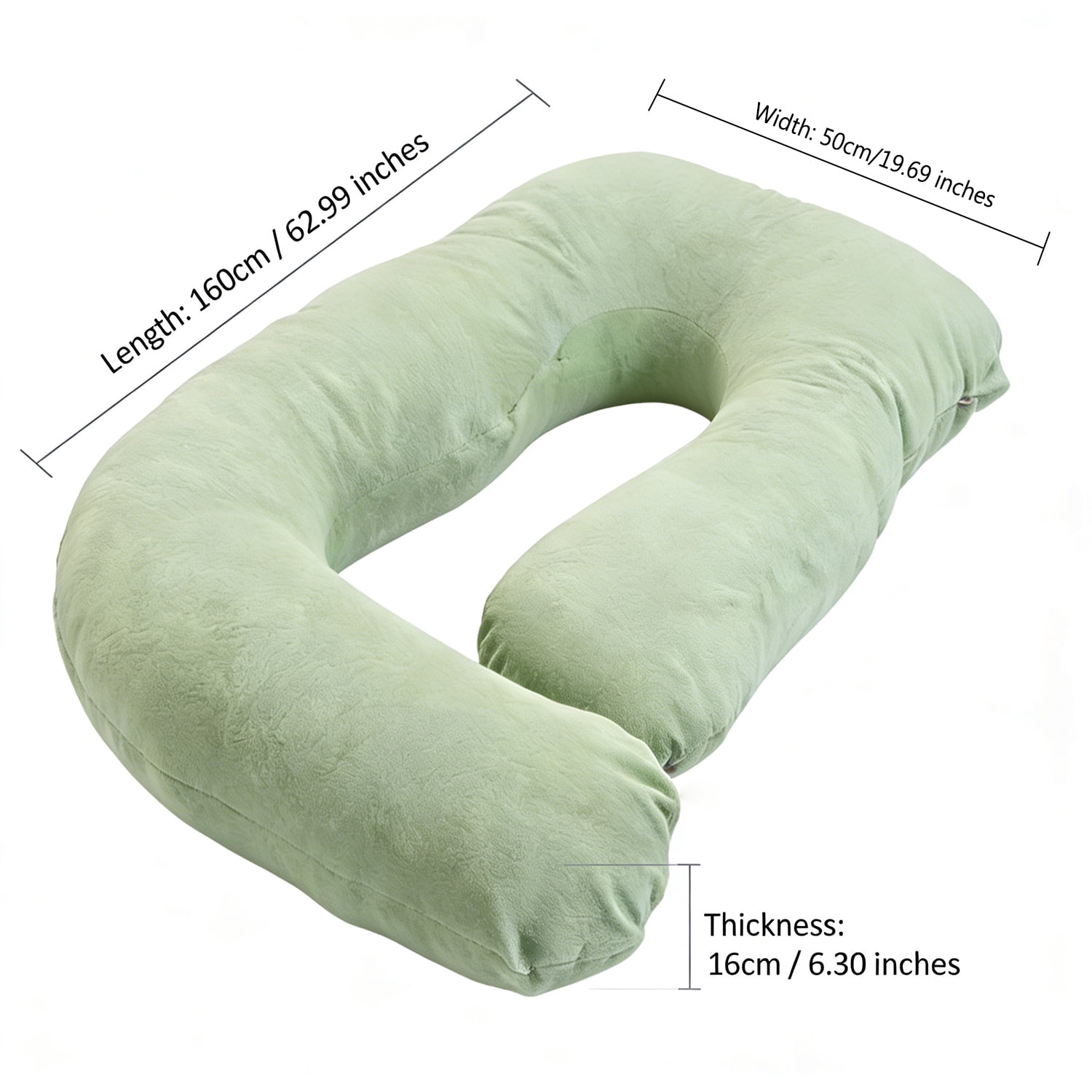 J-Shaped Pregnancy Pillow (65" x 16" x 8") - Full Body Maternity Support Pillow for Back, Hip and Belly Pain Relief, Light Green