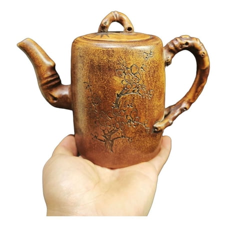 Vintage Yixing Teapot Exquisite Carving Chinese Ceremony Cylindrical Cylinder Straight Vertical Linear Bamboo Plum Blossom