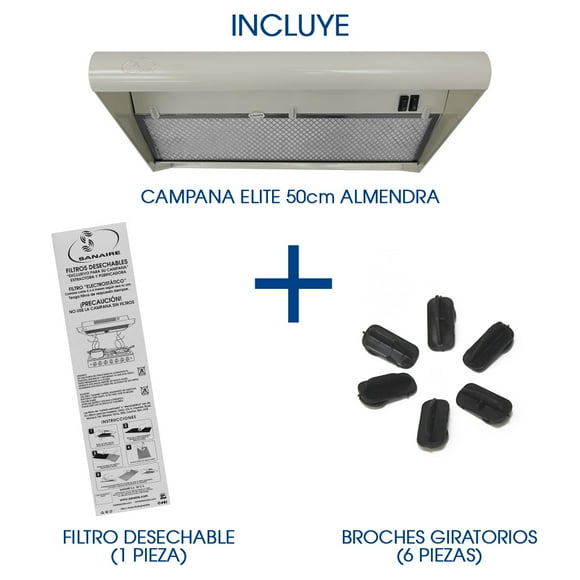 Campana Elite SANAIRE COMBO 50CM Almendra con FILTRO atrapagrasa extra y BOLSITA de broches de repuesto
