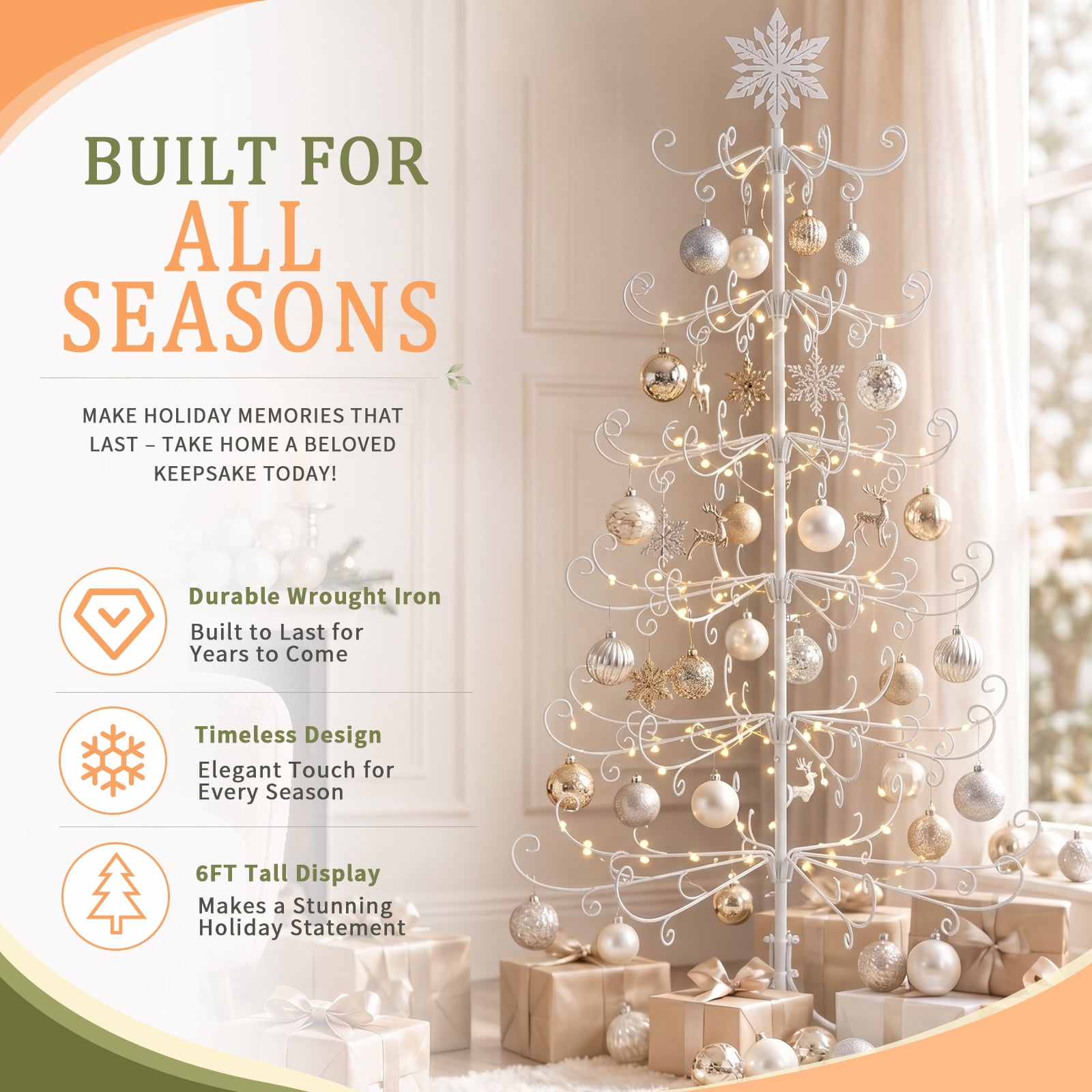 6ft White PVC Metal Artificial Christmas Tree with Snowflake Topper, No Extra Ornaments, Daily Decor Tree