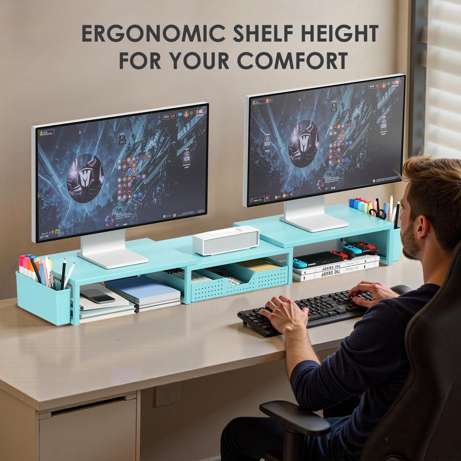 Desk Organizers And Accessories  Dual Monitor Stand Riser With Drawer 2 Pen Holders Shelf Metal Computer For Office Workspace Desktop Organization (blue Metal)