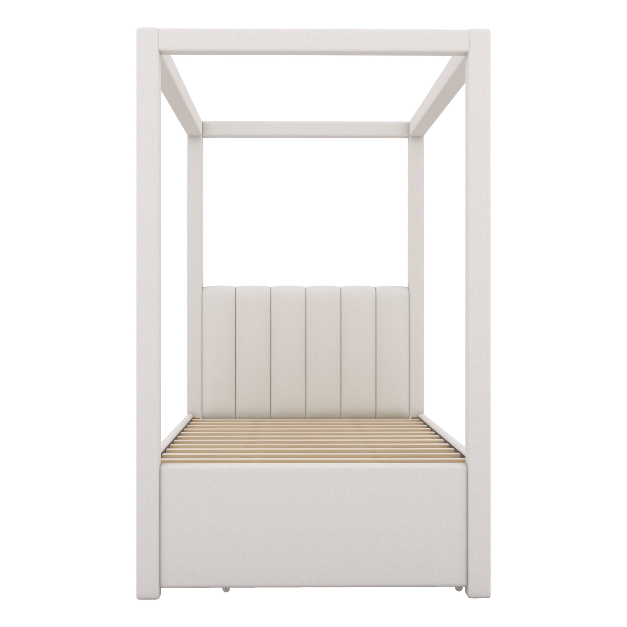 Noble House Twin Canopy Platform Bed, Linen Upholstered Frame with Trundle and Storage Drawers, Beige