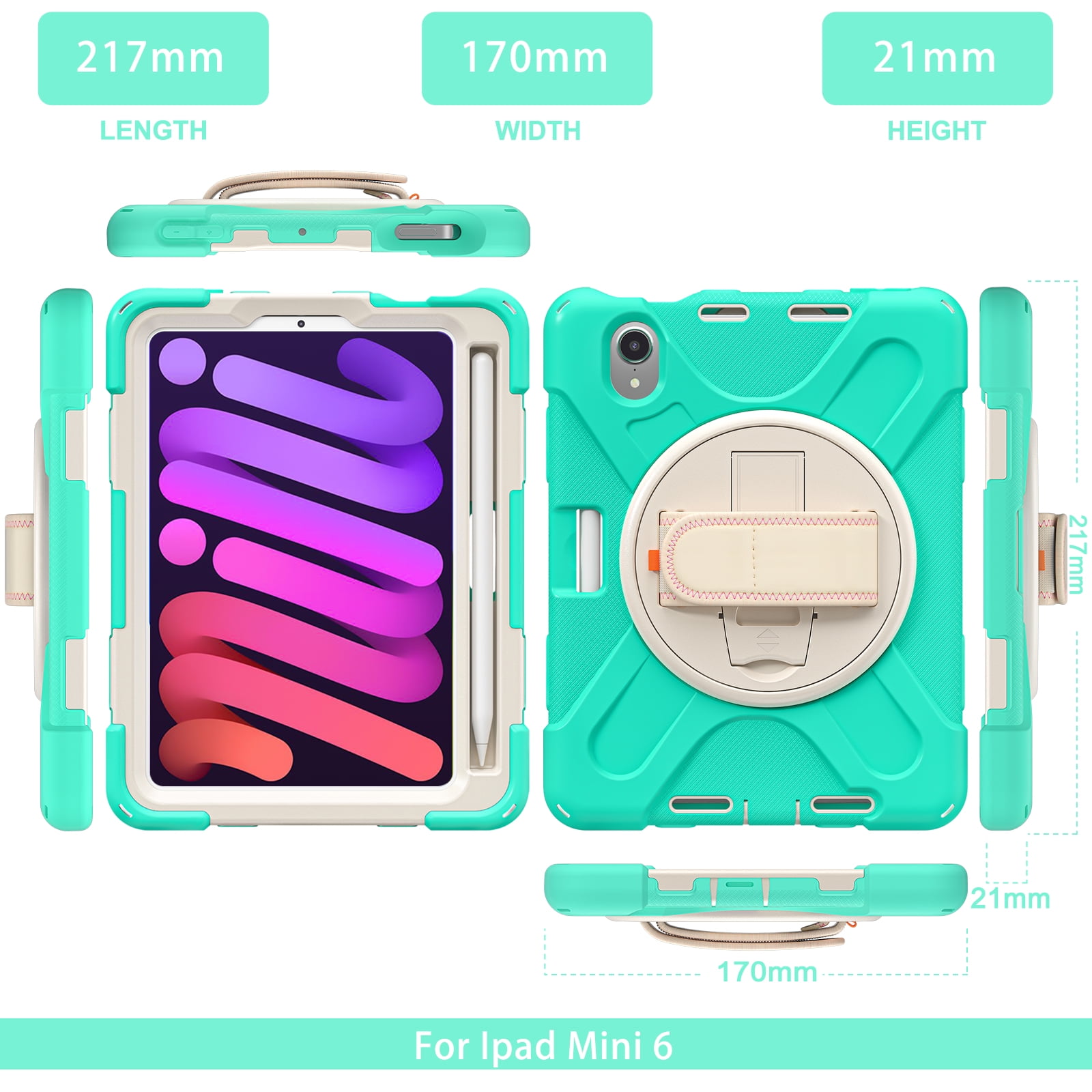 Portable Rugged Case for 2021 Apple iPad Mini 8.3" (6th Generation 2021 Release) - Rotating Stand Case with Adjustable Hand/Shoulder Strap, Built-in Pencil Holder, Shockproof Hard Cover (Mint Green)
