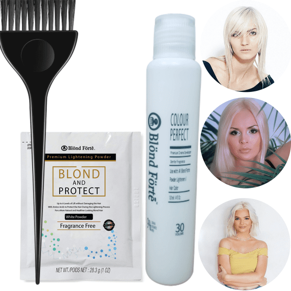 Blond Forte Blond N Protect 1 oz/30 Gram Premium Hair Lightener 8+ Levels of Lift, 120 ml Developer 9% 30 Volume (Brush & Gloves) – White Lightening Powder