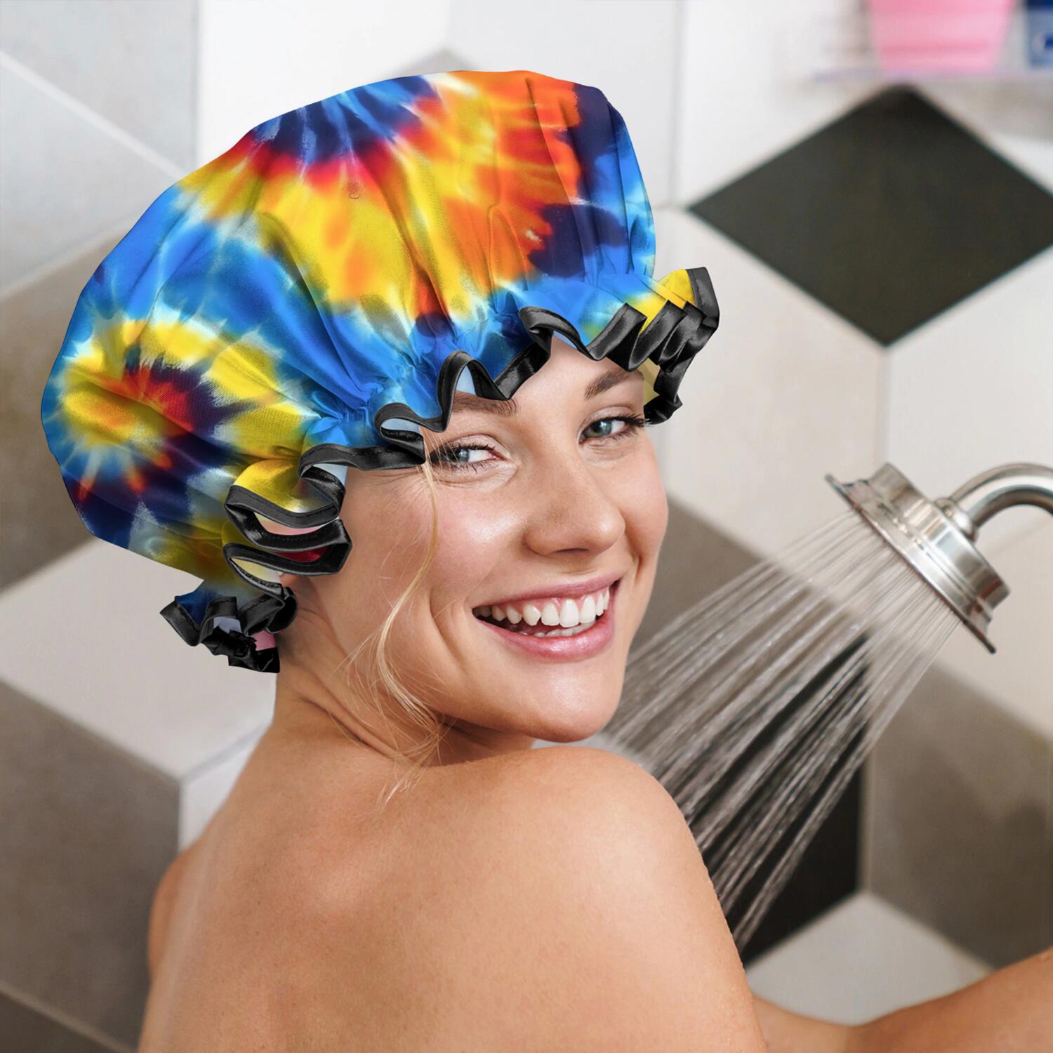 Shower Caps,Colorful Tie Dye Spiral Pattern Waterproof Shower Cap for Women 4 Pieces,Double Reusable Hair Cover for Shower PEVA Elastic Stretch Hem
