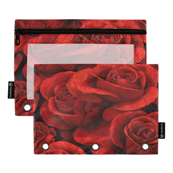 2 Pack 3 Ring Binder Pouch with Clear PVC Window Water Resistant Zipper Pencil Pouch Crimson Rose Cluster Binder Pocket for Classroom Office Home Stationery Organization