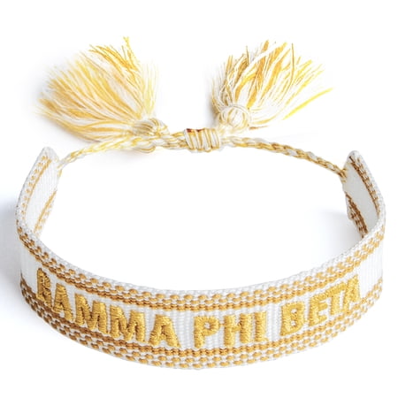 Sorority Shop Gamma Phi Beta Bracelet — Woven Bracelet, White and Gold Design with ACO Sorority Name and Tassels, Greek Sorority Jewelry
