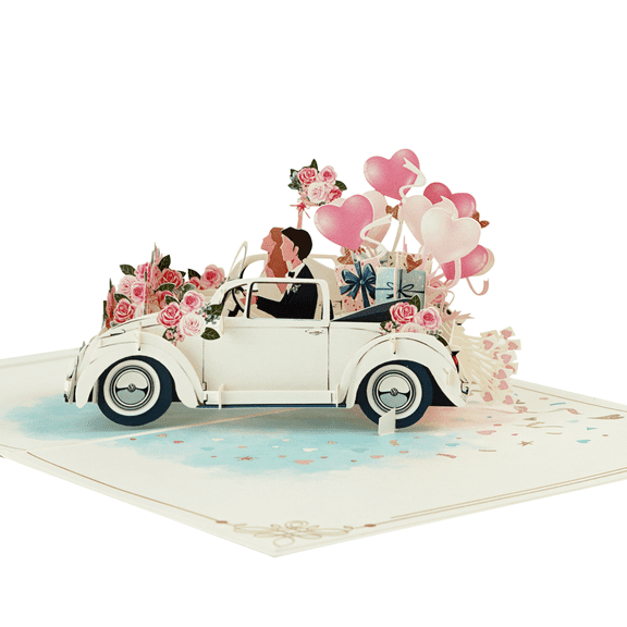Wedding Car Pop Up Card – 3D Bride and Groom Card with Balloons & Flowers, Romantic Congratulations Card for Wedding, Engagement or Anniversary  With Love From Vietnam