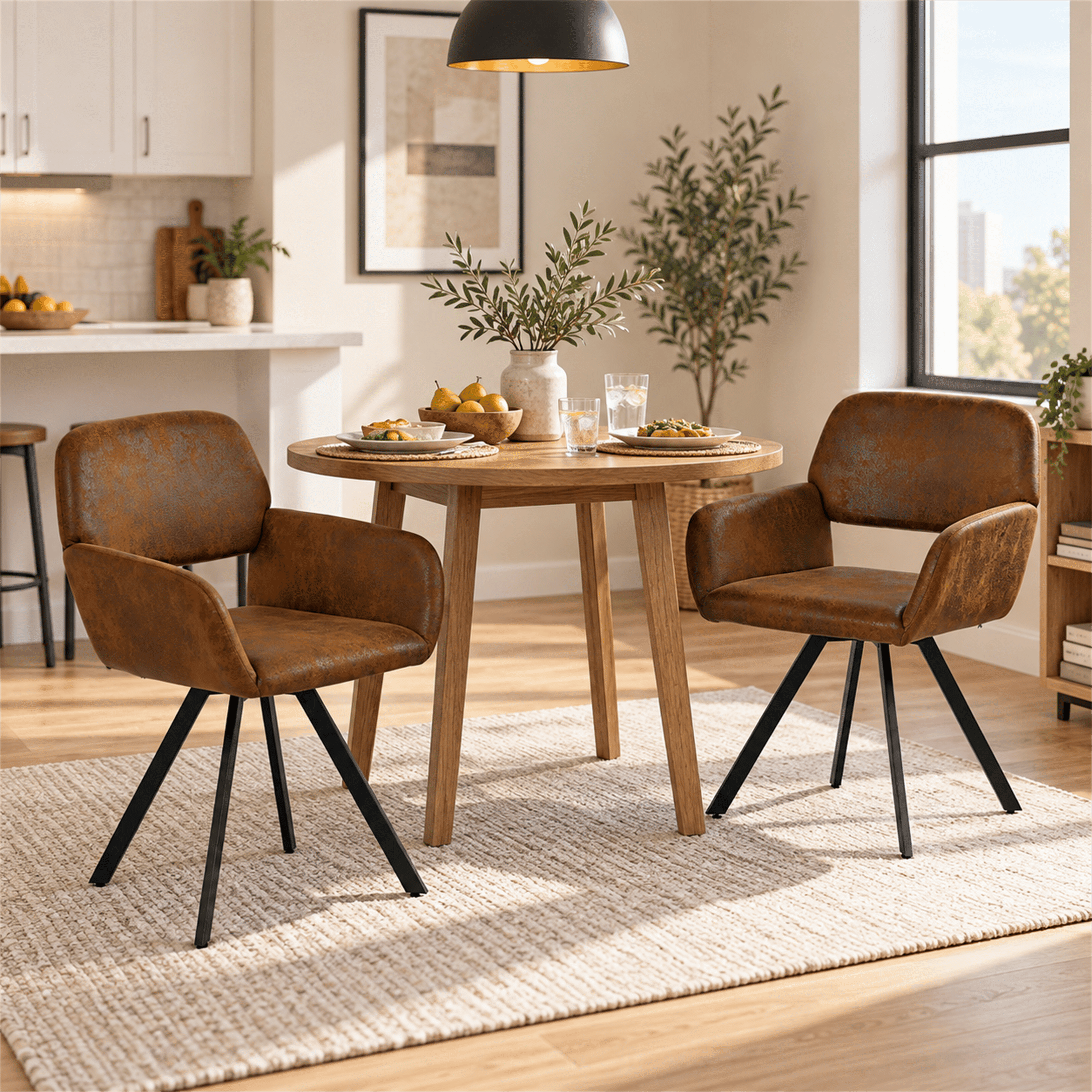 Homy Casa Swivel Dining Chairs Set of 2, Upholstered Armchairs with Black Metal Legs, Dark Brown