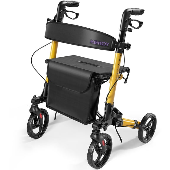 KEKOY Foldable Mobility Rollator Walkers for Seniors with Seat 350 lb, Adjustable Handles and Backrest Height, Adult Aluminum Rolling Walker, 8" Big Wheels, Yellow